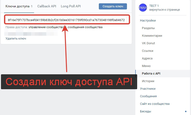 Создали ключ API в группе Вконтакте